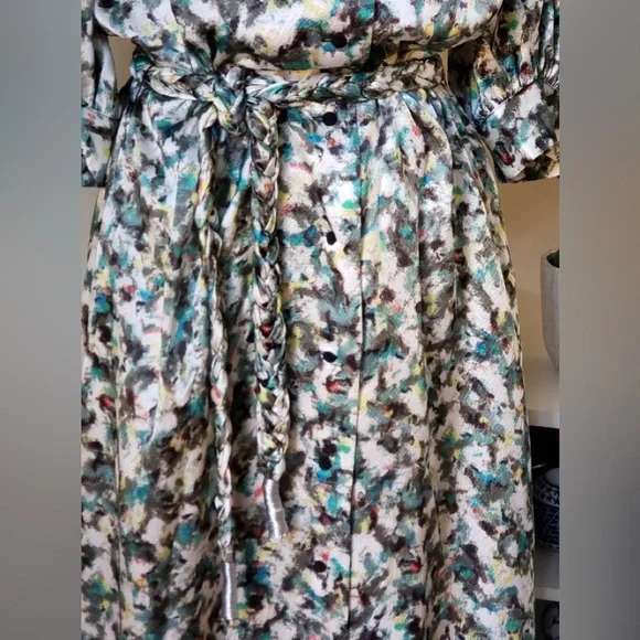 NWT DYVNA belted printed chiffon trimmed hammered silk satin midi length dress